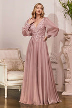 CD CD0183 - Detailed Long Sleeve A-Line Formal Gown with Layered Lace Applique Bodice & Flowy Chiffon Skirt Mother of the Bride Cinderella Divine S MAUVE 