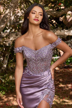CD CD0186 - Off the Shoulder Fit & Flare Prom Gown with Sheer Bead Embellished Boned Corset Bodice & High Leg Slit Prom Dress Cinderella Divine XS DUSTY LAVENDER 