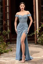 CD CD0186 - Off the Shoulder Fit & Flare Prom Gown with Sheer Bead Embellished Boned Corset Bodice & High Leg Slit Prom Dress Cinderella Divine XS SMOKY BLUE 