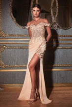 CD CD0186 - Off the Shoulder Fit & Flare Prom Gown with Sheer Bead Embellished Boned Corset Bodice & High Leg Slit Prom Dress Cinderella Divine XS CHAMPAGNE 