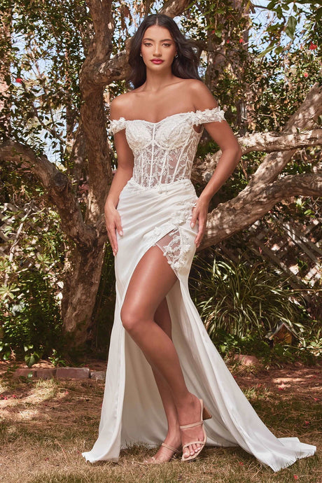 CD CD0186W - Off the Shoulder Fit & Flare Wedding Gown with Sheer Beaded Lace Boned Corset Bodice 3D Floral Applique & Leg Slit Wedding Gown Cinderella Divine   