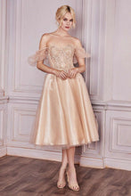CD CD0187 - Tea Length Shimmering Tulle Homecoming Dress with Sheer Boned Applique Embellished Bodice & Optional Puff Sleeves Homecoming Cinderella Divine XS CHAMPAGNE 