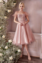 CD CD0187 - Tea Length Shimmering Tulle Homecoming Dress with Sheer Boned Applique Embellished Bodice & Optional Puff Sleeves Homecoming Cinderella Divine XS BLUSH 