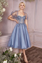 CD CD0187 - Tea Length Shimmering Tulle Homecoming Dress with Sheer Boned Applique Embellished Bodice & Optional Puff Sleeves Homecoming Cinderella Divine XS SMOKY BLUE 