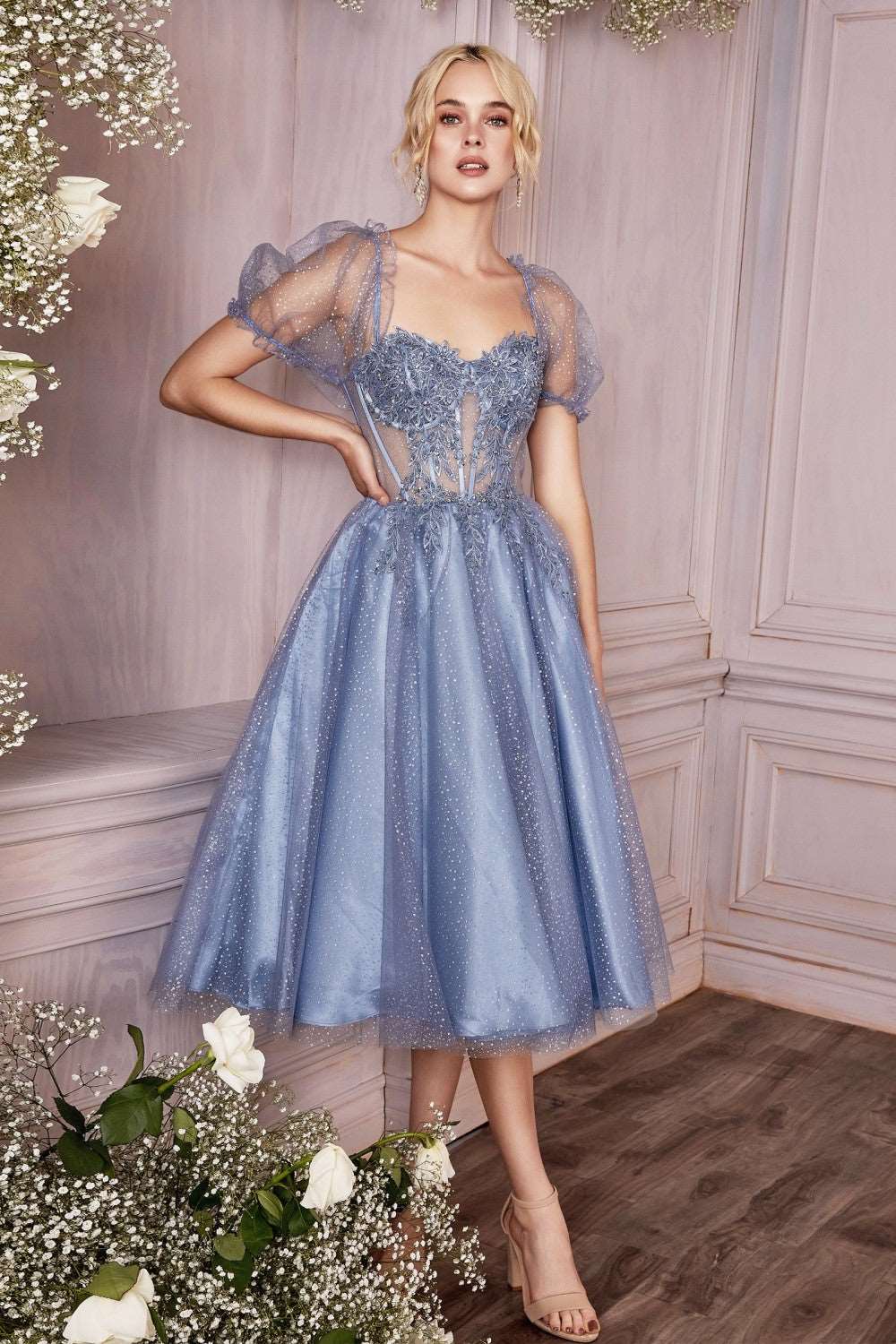 CD CD0187 - Tea Length Shimmering Tulle Homecoming Dress with Sheer Bo Diggz Formals CD CD0187 - Tea Length Shimmering Tulle Homecoming Dress with Sheer Bo Diggz Formals