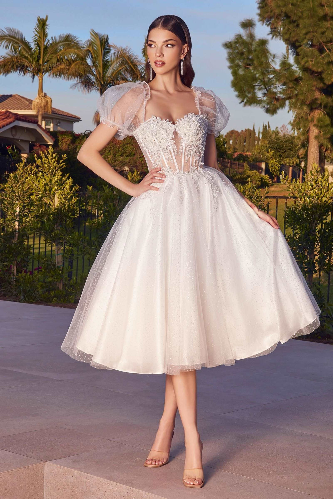 CD CD0187W - Tea Length Shimmering Tulle Wedding Dress with Sheer Boned Applique Embellished Bodice & Optional Puff Sleeves Wedding Gown Cinderella Divine XS WHITE 