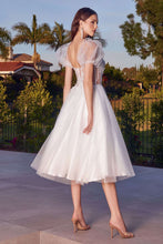 CD CD0187W - Tea Length Shimmering Tulle Wedding Gown with Sheer Boned Applique Embellished Bodice & Optional Puff Sleeves Wedding Gown Cinderella Divine