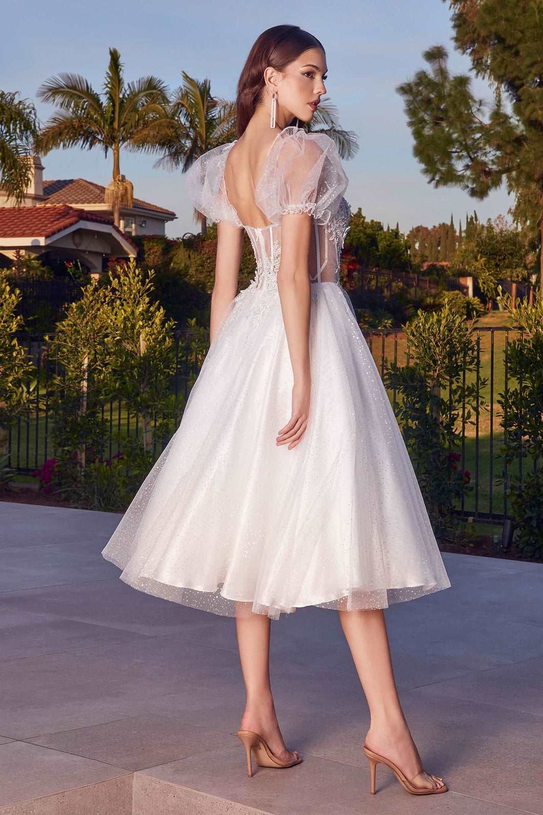 CD CD0187W - Tea Length Shimmering Tulle Wedding Dress with Sheer