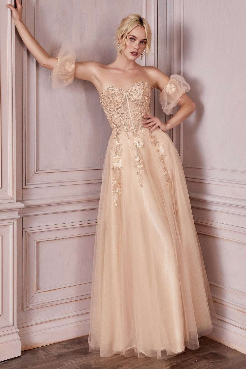 CD CD0191 - Strapless Shimmer Tulle A-Line Prom Gown with 3D Floral Boned Bodice Removeable Puff Sleeves & Corset Back PROM GOWN Cinderella Divine XS CHAMPAGNE 