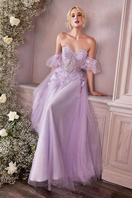 CD CD0191 - Strapless Shimmer Tulle A-Line Prom Gown with 3D Floral Boned Bodice Removeable Puff Sleeves & Corset Back PROM GOWN Cinderella Divine   