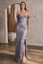 CD CD0193 - Off the Shoulder Glitter & Lace Fit & Flare Prom Gown with Sheer Illusion V-Neck & Lace Detailed Leg Slit PROM GOWN Cinderella Divine XXS SMOKY BLUE 
