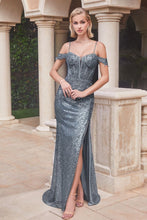 CD CD0193 - Off the Shoulder Glitter & Lace Fit & Flare Prom Gown with Sheer Illusion V-Neck & Lace Detailed Leg Slit PROM GOWN Cinderella Divine   