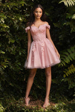 CD CD0194 - Short A-Line Off the Shoulder Homecoming Dress with 3D Floral Applique & Boned Corset Bodice Homecoming Cinderella Divine XS BLUSH 