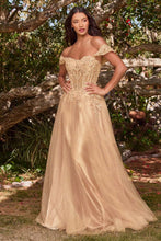 CD CD0198 - Off the Shoulder A-Line Prom Gown with Lace & Bead Embellished Sheer Boned Bodice PROM GOWN Cinderella Divine XS CHAMPAGNE 