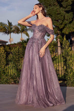 CD CD0198 - Off the Shoulder A-Line Prom Gown with Lace & Bead Embellished Sheer Boned Bodice PROM GOWN Cinderella Divine XS ENGLISH VIOLET 