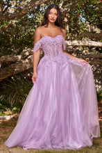 CD CD0198 - Off the Shoulder A-Line Prom Gown with Lace & Bead Embellished Sheer Boned Bodice PROM GOWN Cinderella Divine XL LAVENDER 