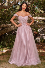 CD CD0198 - Off the Shoulder A-Line Prom Gown with Lace & Bead Embellished Sheer Boned Bodice PROM GOWN Cinderella Divine XS MAUVE 