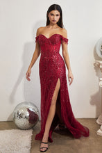 CD CD0203 - Off the Shoulder Glitter Print Fit & Flare Prom Gown with Sheer Boned Corset Bodice & Leg Slit PROM GOWN Cinderella Divine XS BURGUNDY