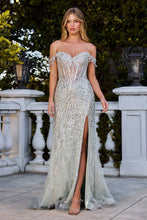 CD CD0203 - Off the Shoulder Glitter Print Fit & Flare Prom Gown with Sheer Boned Corset Bodice & Leg Slit PROM GOWN Cinderella Divine XS SAGE