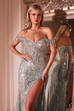 CD CD0203 - Off the Shoulder Glitter Print Fit & Flare Prom Gown with Sheer Boned Corset Bodice & Leg Slit PROM GOWN Cinderella Divine XS SILVER NUDE 