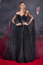 CD CD0204 - Shimmer Tulle A-Line Prom Gown with Beaded Bodice & Removeable Cape Sleeves PROM GOWN Cinderella Divine M BLACK 