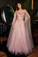CD CD0204 - Shimmer Tulle A-Line Prom Gown with Beaded Bodice & Removeable Cape Sleeves PROM GOWN Cinderella Divine XL BLUSH 