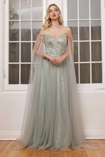 CD CD0204 - Shimmer Tulle A-Line Prom Gown with Beaded Bodice & Removeable Cape Sleeves PROM GOWN Cinderella Divine   