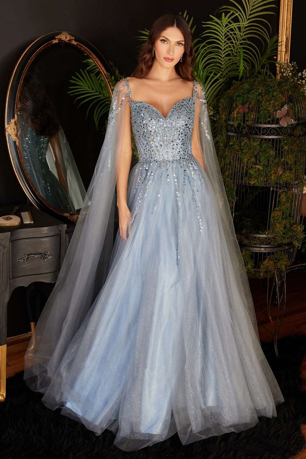 CD CD0204 - Shimmer Tulle A-Line Prom Gown with Beaded Bodice & Removeable Cape Sleeves PROM GOWN Cinderella Divine M SMOKY BLUE 