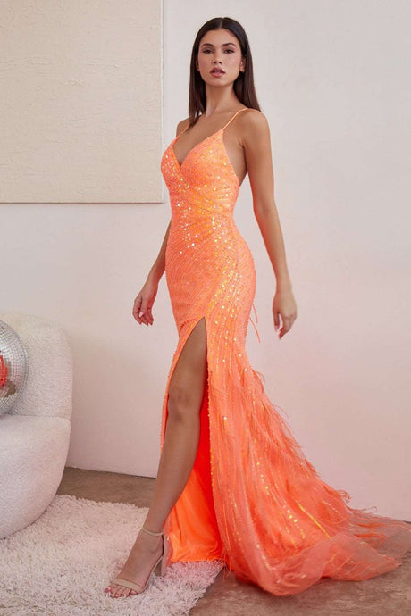 CD CD0209 - Full Sequin Fit & Flare Prom Gown with Feather Accents Gathered Waist & Corset Back PROM GOWN Cinderella Divine 10 ORANGE 