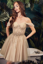 CD CD0211 - Off the Shoulder Bead Embellished A-Line Homecoming Dress with Sheer Corset Bodice & Layered Glittery Tulle Skirt Homecoming Cinderella Divine XS CHAMPAGNE 