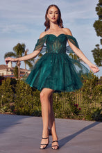 CD CD0211 - Off the Shoulder Bead Embellished A-Line Homecoming Dress with Sheer Corset Bodice & Layered Glittery Tulle Skirt Homecoming Cinderella Divine XS EMERALD 