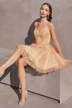 CD CD0213 - Short Glitter Tulle Bead Embellished A-Line Homecoming Dress with Lace Detailed Hemline Homecoming Cinderella Divine XXS CHAMPAGNE 