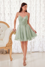 CD CD0213 - Short Glitter Tulle Bead Embellished A-Line Homecoming Dress with Lace Detailed Hemline Homecoming Cinderella Divine XXS SAGE 