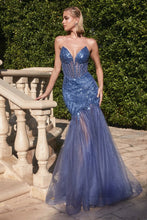 CD CD0214 - Strapless Beaded Mermaid Prom Gown with Sheer Boned Corset Bodice & Leg Slit PROM GOWN Cinderella Divine 2 LAPIS BLUE 