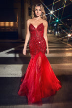 CD CD0214 - Strapless Beaded Mermaid Prom Gown with Sheer Boned Corset Bodice & Leg Slit PROM GOWN Cinderella Divine 2 RED 