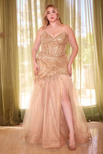 CD CD0214C - Plus Size Strapless Beaded Mermaid Prom Gown with Sheer Boned Corset Bodice & Leg Slit PROM GOWN Cinderella Divine 18 GOLD 