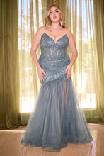 CD CD0214C - Plus Size Strapless Beaded Mermaid Prom Gown with Sheer Boned Corset Bodice & Leg Slit PROM GOWN Cinderella Divine 18 SMOKY BLUE 
