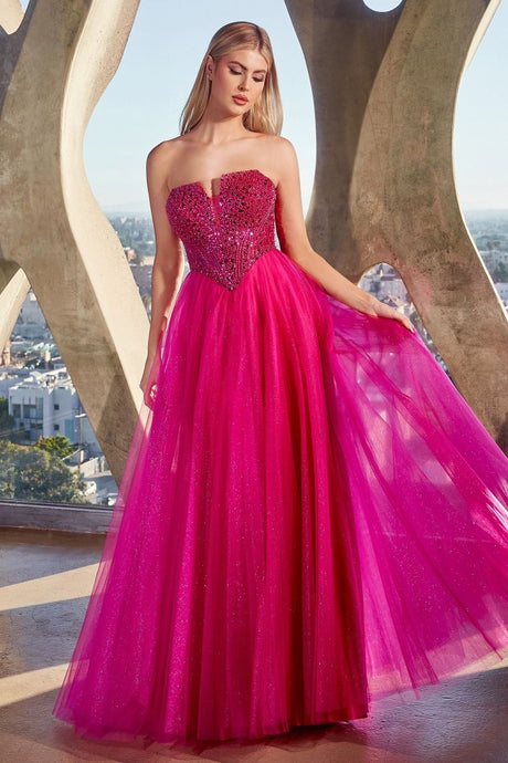 CD CD0217 - Strapless Layered Tulle A-Line Prom Gown with Sequin Embellished Bodice & Lace Up Back PROM GOWN Cinderella Divine 4 MAGENTA 