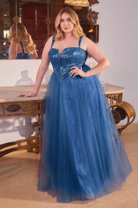 CD CD0217C - Plus Size Strapless Layered Tulle A-Line Prom Gown with Sequin Embellished Bodice & Lace Up Back PROM GOWN Cinderella Divine 18 DEEP BLUE 