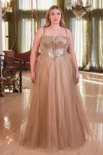 CD CD0217C - Plus Size Strapless Layered Tulle A-Line Prom Gown with Sequin Embellished Bodice & Lace Up Back PROM GOWN Cinderella Divine 18 MOCHA GOLD 