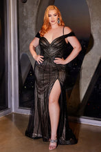 CD CD0219C - Plus Size In-Line Beaded Off the Shoulder Fit & Flare Prom Gown with V-Neck Bodice & Leg Slit PROM GOWN Cinderella Divine 18 Black-Nude