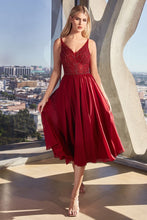 CD CD0225 -  Flowy Chiffon Tea Length A-Line Semi-Formal Gown with Sheer Bead Embellished V-Neck Bodice HOMECOMING Cinderella Divine 2 BURGUNDY 