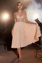 CD CD0225 -  Flowy Chiffon Tea Length A-Line Semi-Formal Gown with Sheer Bead Embellished V-Neck Bodice HOMECOMING Cinderella Divine 2 CHAMPAGNE 