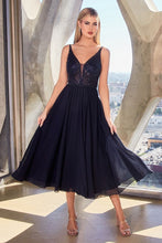 CD CD0225 -  Flowy Chiffon Tea Length A-Line Semi-Formal Gown with Sheer Bead Embellished V-Neck Bodice HOMECOMING Cinderella Divine 2 NAVY 