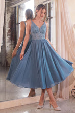 CD CD0225 -  Flowy Chiffon Tea Length A-Line Semi-Formal Gown with Sheer Bead Embellished V-Neck Bodice HOMECOMING Cinderella Divine 2 SMOKY BLUE 