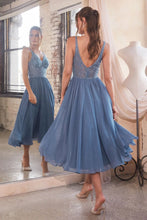 CD CD0225 -  Flowy Chiffon Tea Length A-Line Semi-Formal Gown with Sheer Bead Embellished V-Neck Bodice HOMECOMING Cinderella Divine   