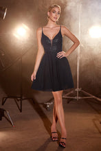 CD CD0226 - Short Flowy Chiffon A-Line Homecoming Dress with Glitter & Bead Embellished V-Neck Bodice Homecoming Cinderella Divine 2 NAVY 