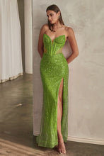 CD CD0227 - Strapless Full Sequin Fit & Flare Prom Gown with Sheer Boned Corset Bodice Leg Slit & Lace Up Corset Back PROM GOWN Cinderella Divine 2 GREENERY 