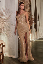 CD CD0227 - Strapless Full Sequin Fit & Flare Prom Gown with Sheer Boned Corset Bodice Leg Slit & Lace Up Corset Back PROM GOWN Cinderella Divine 2 MOCHA GOLD 