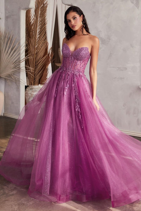 CD CD0230 - Strapless Layered Tulle A-Line Prom Gown with Sheer Corset Bodice & High Leg Slit PROM GOWN Cinderella Divine 2 AMETHYST 
